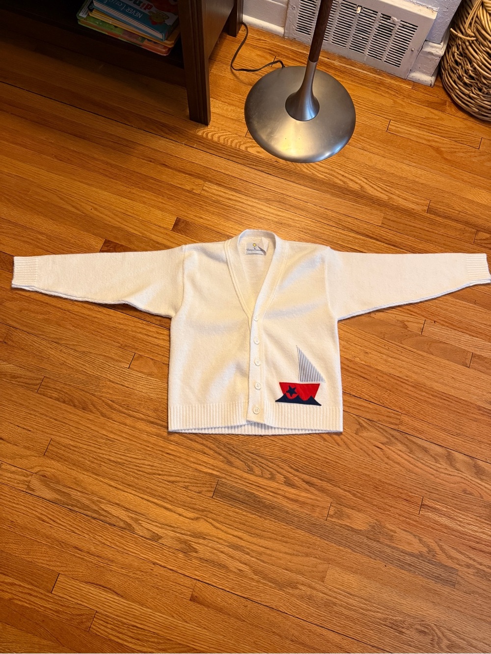 Florence Eiseman Cream Knit Cardigan with Nautical Sailboat Patch